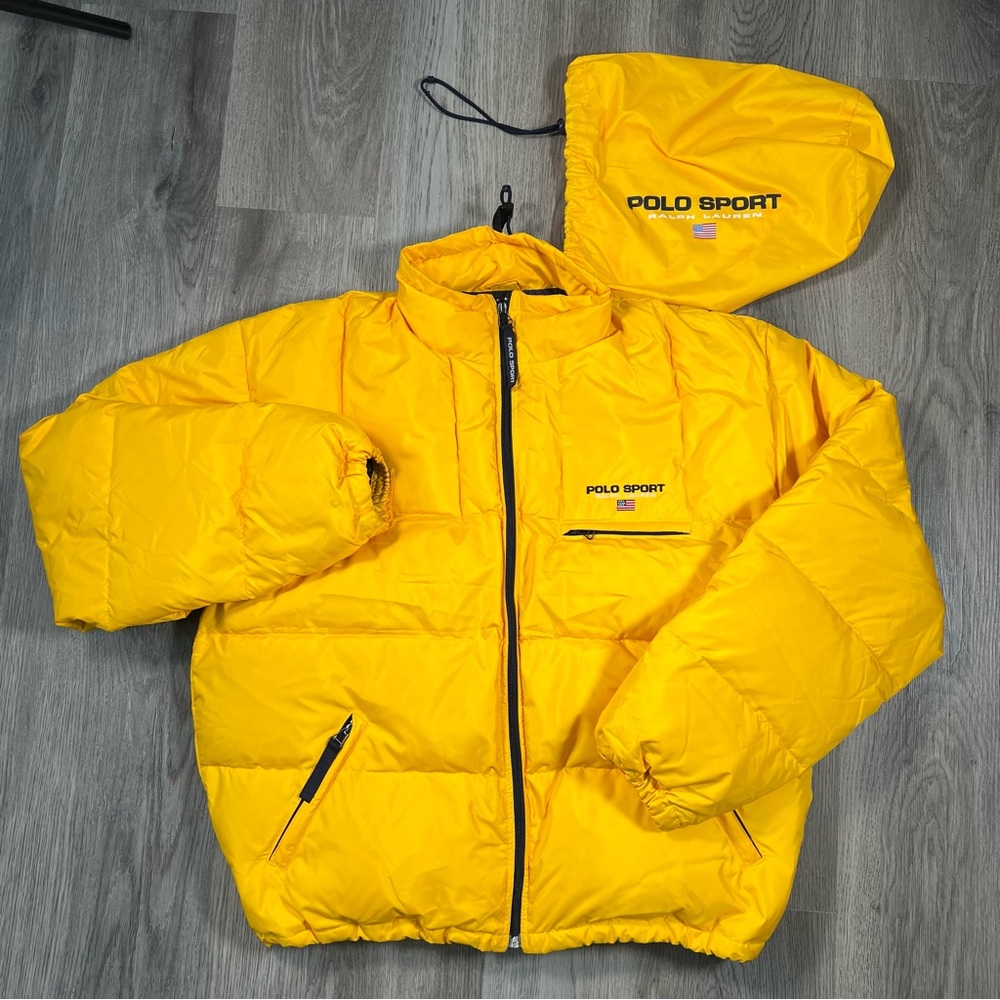 VTG 90s Polo Sport Ralph Lauren Mens L Down Puffer Jacket Zip Yellow Packable